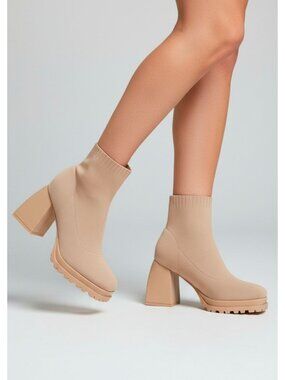 Chunky Heel Knit Ankle Boots Nude Lug Sole Sock Booties For Women